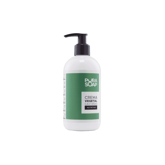 Crema corporal nutritiva de castañas en envase de 300ml, ideal para hidratar y suavizar piel seca, con ingredientes naturales como manteca de karité y vitamina E.