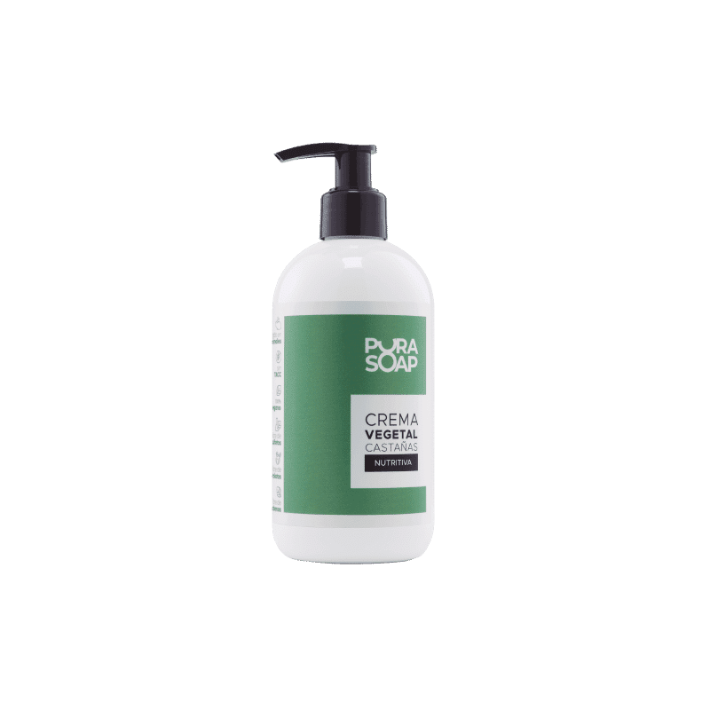 Crema corporal nutritiva de castañas en envase de 300ml, ideal para hidratar y suavizar piel seca, con ingredientes naturales como manteca de karité y vitamina E.